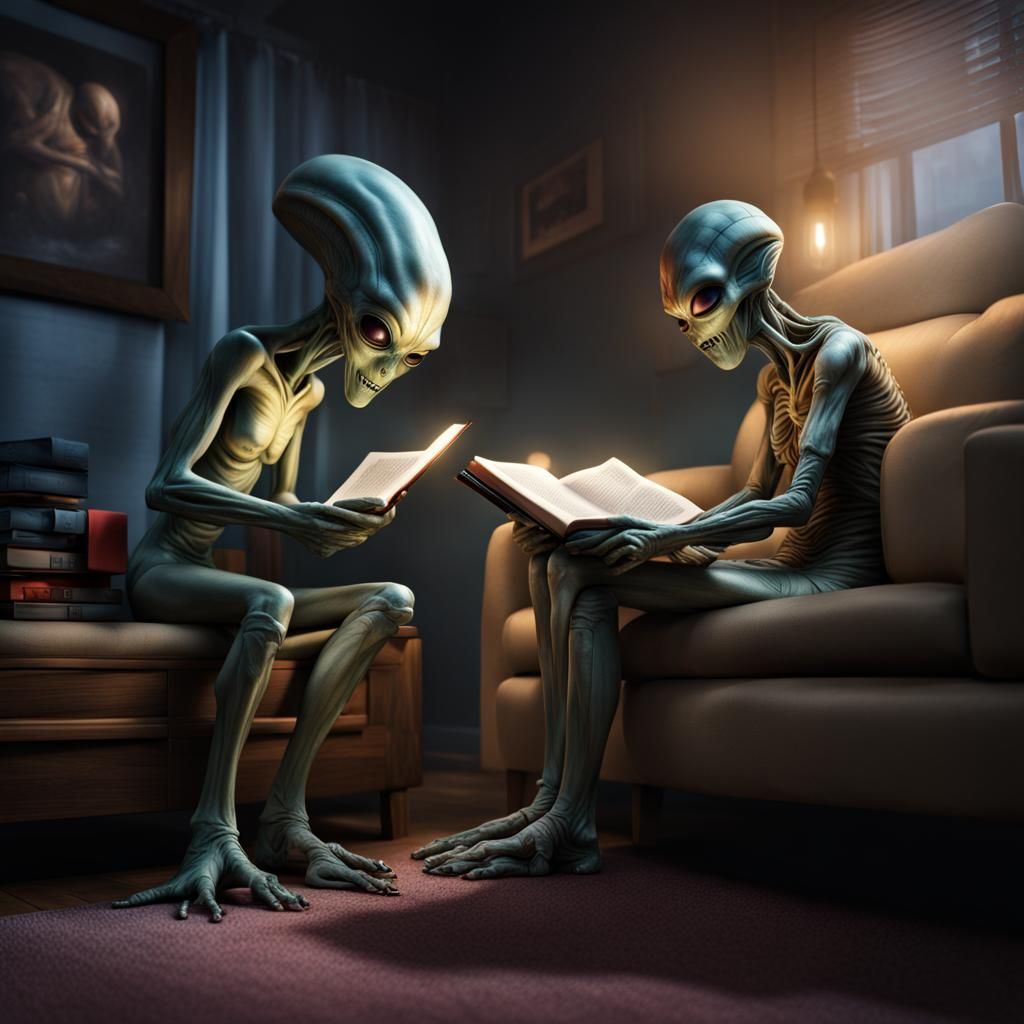 Alien Reading Bedtime Story: Hyperrealistic 64 Megapixel Ima...