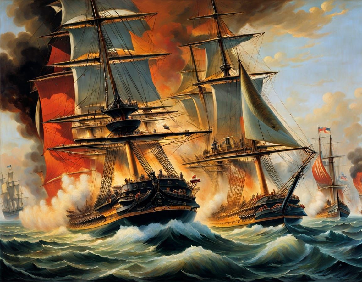 Nineteenth-Century Naval Battle Scene in Vibrant Colors