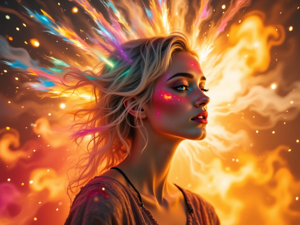 Woman Amidst Vibrant Colorful Explosions