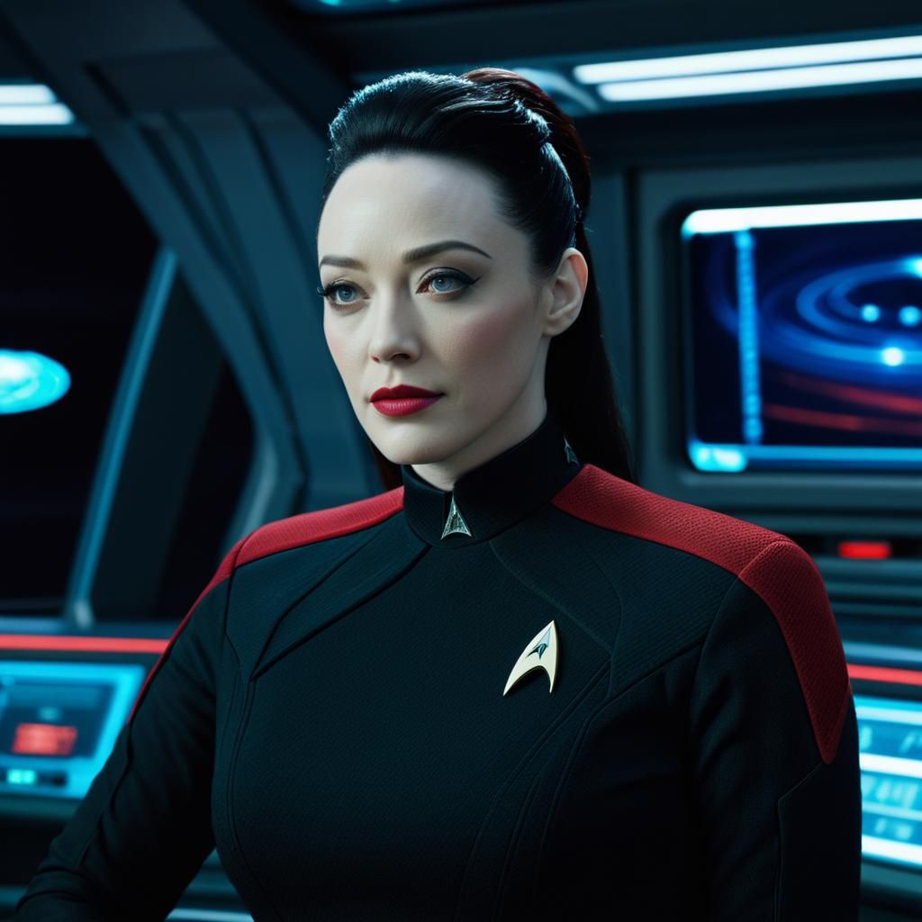 Kat Dennings as Captain Janeway on Voyager Bridge