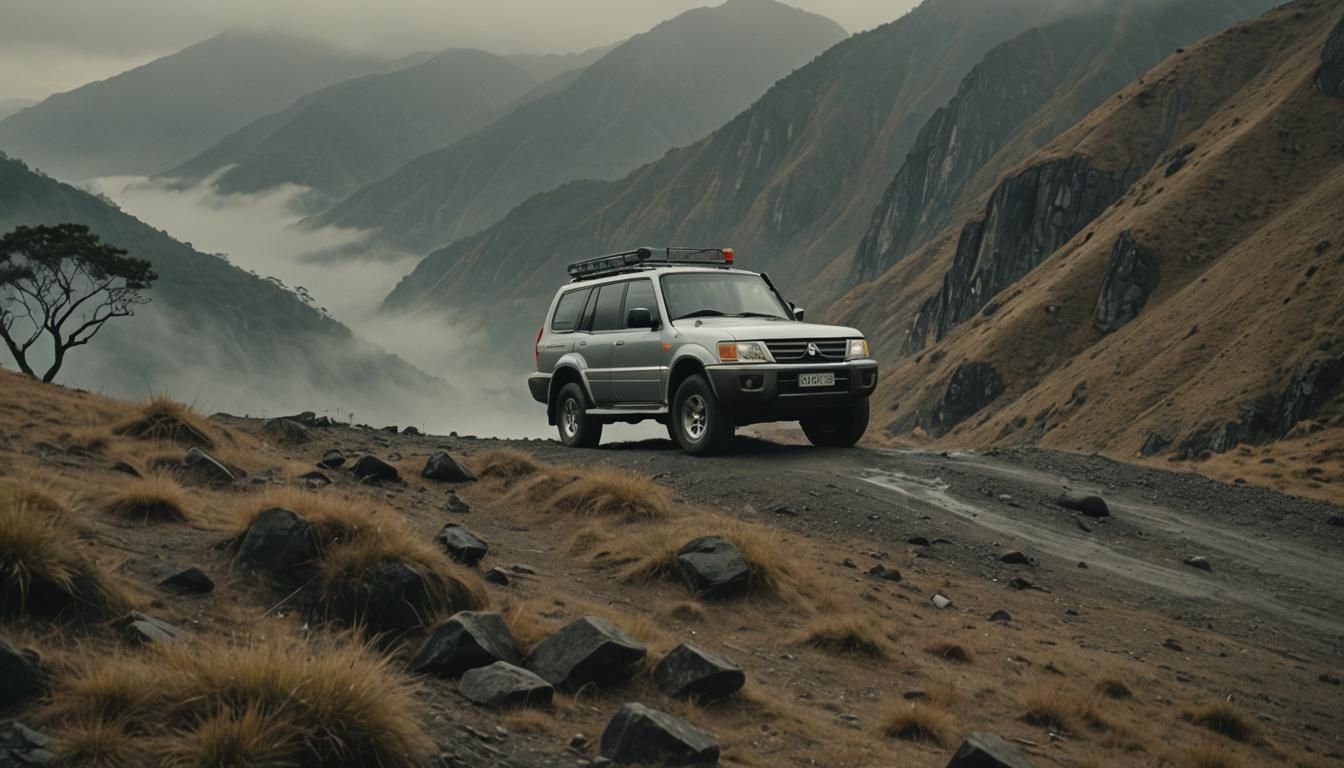 Mitsubishi Pajero on Misty Mountain in Film Noir Style