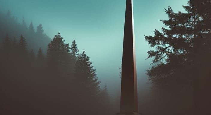 Obsidian Obelisk in Foggy Forest: Fantasy Art