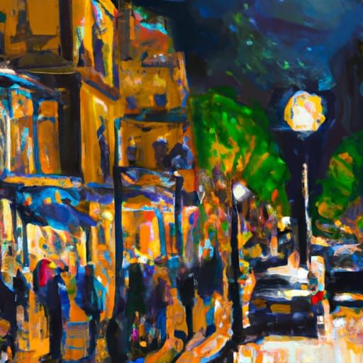 Night Street Scene Oil Painting in Impressionist Style
