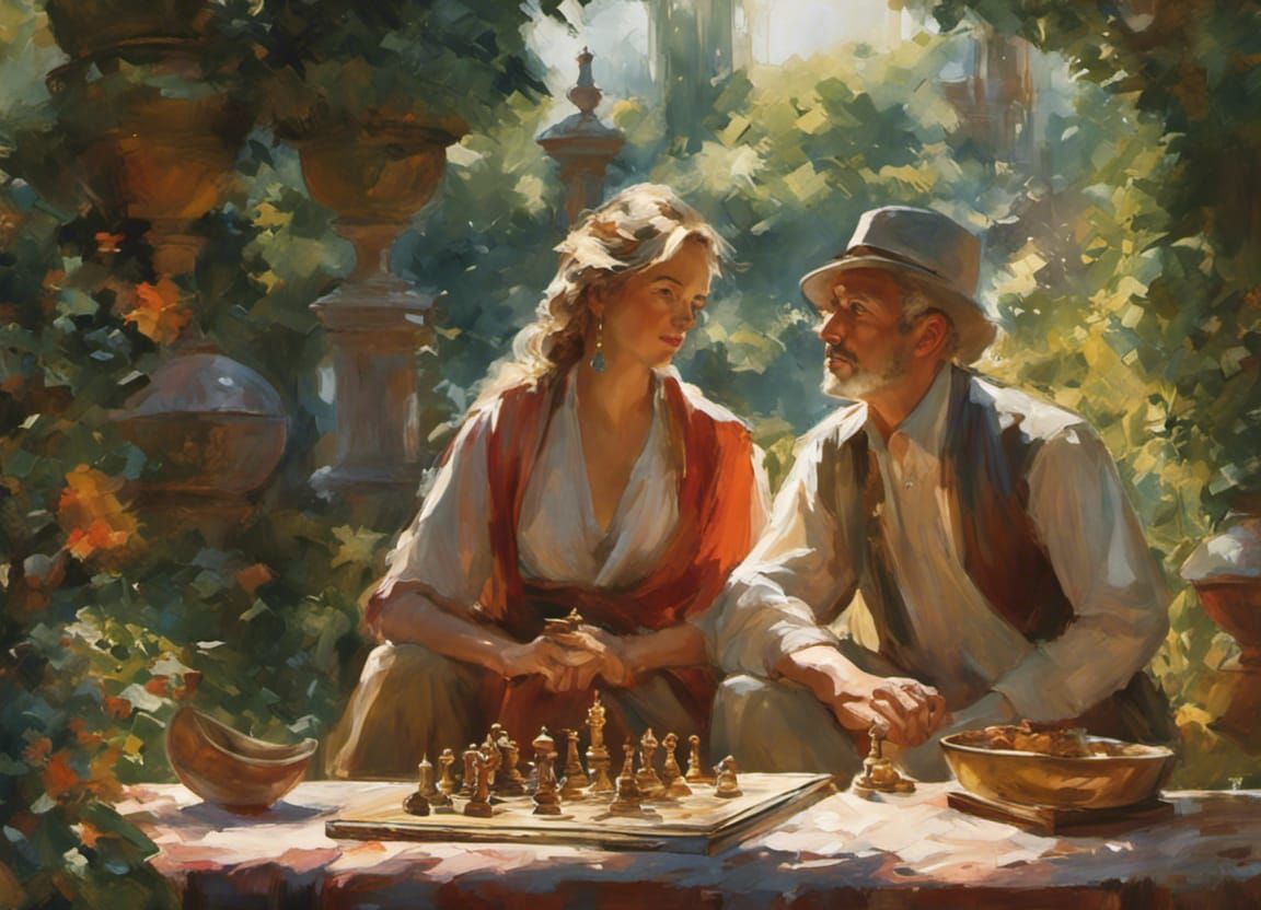 Friends Playing Chess in Sunlit Park, Maximalist Art