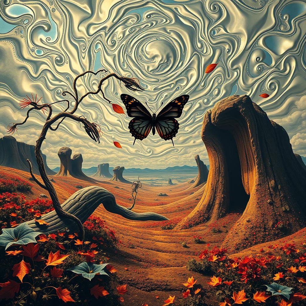 Surreal Landscape with Elastic Flora and Black Butterfly