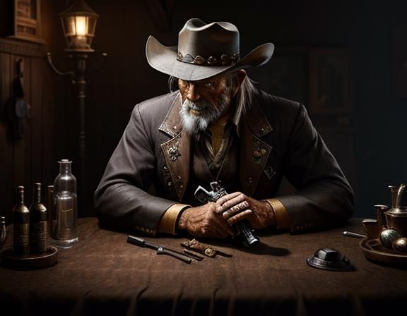 Old Cowboy Prepares Revolver: Detailed Matte Painting