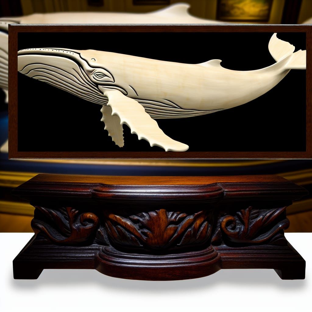 Whale Scrimshaw Carving on Ebony and Ivory Plinth