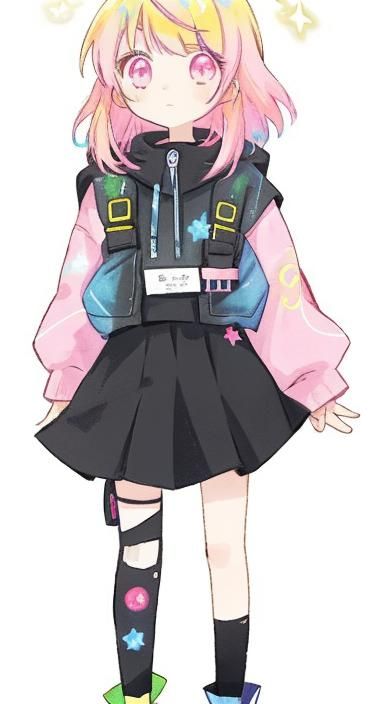 a anime girl pastel-colored, yellow-pink hair, pink eyes, ho...