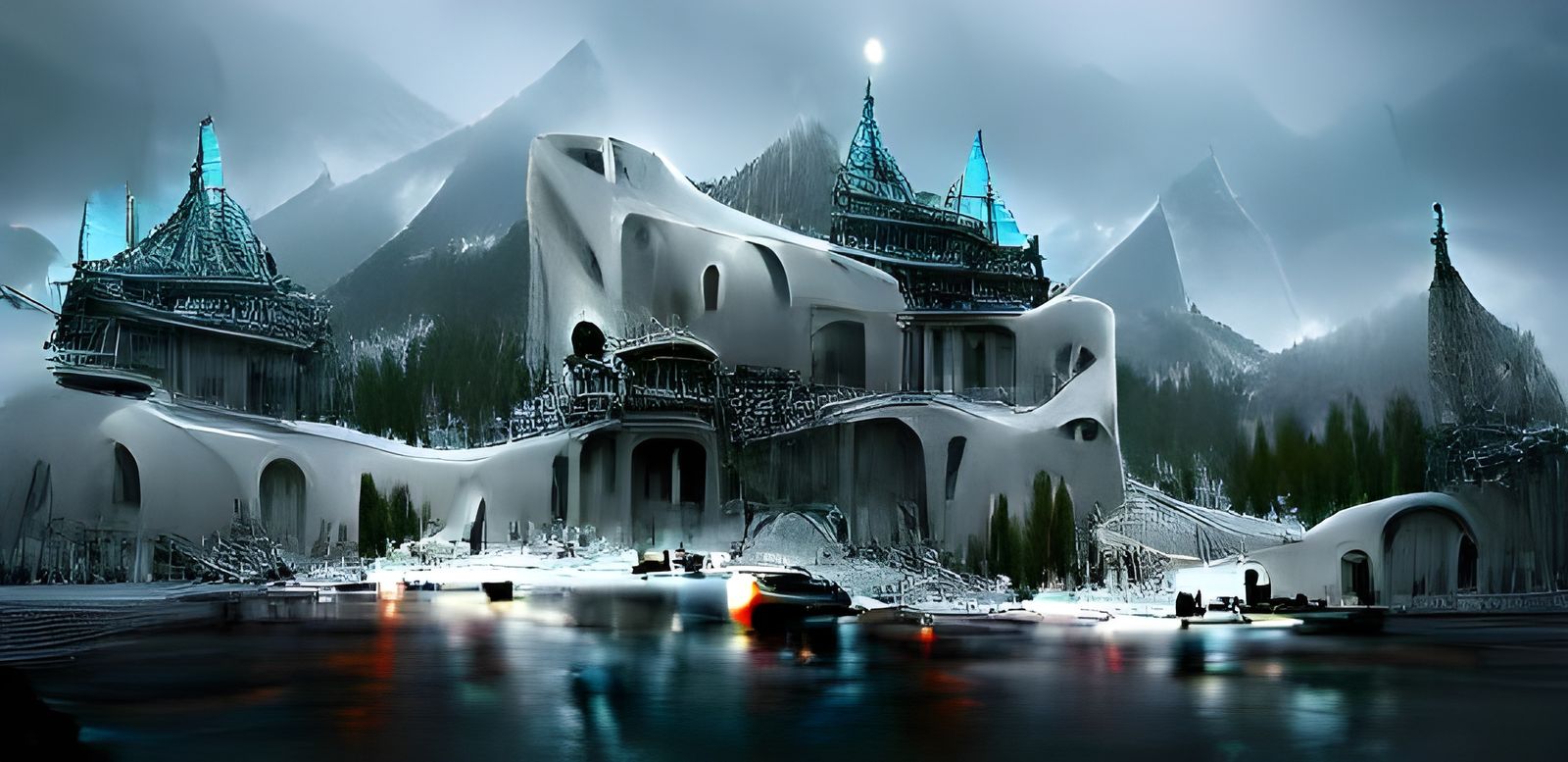 Icy Mountain Palace in Film Noir Style