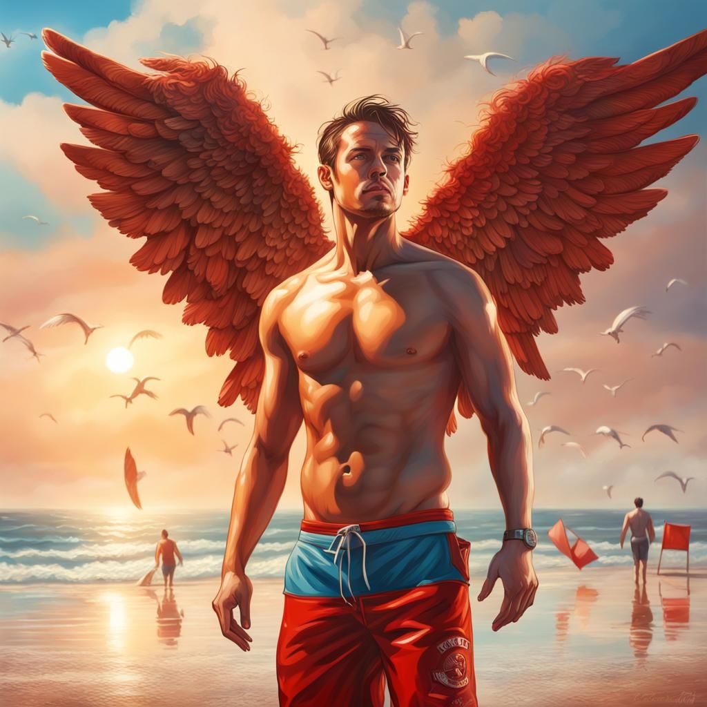 Winged Lifeguard on Beach: Hyperrealistic Concept Art