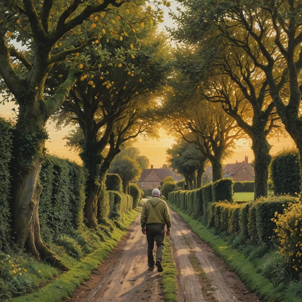 English Countryside Sunset: Man Walks Down Lane