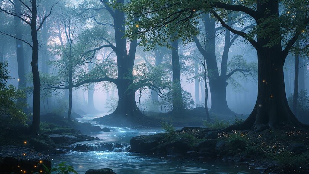 Enchanted Forest Twilight with River and Starlight