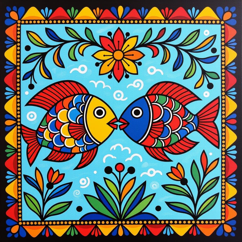 Madhubani Painting of Fish Kissing