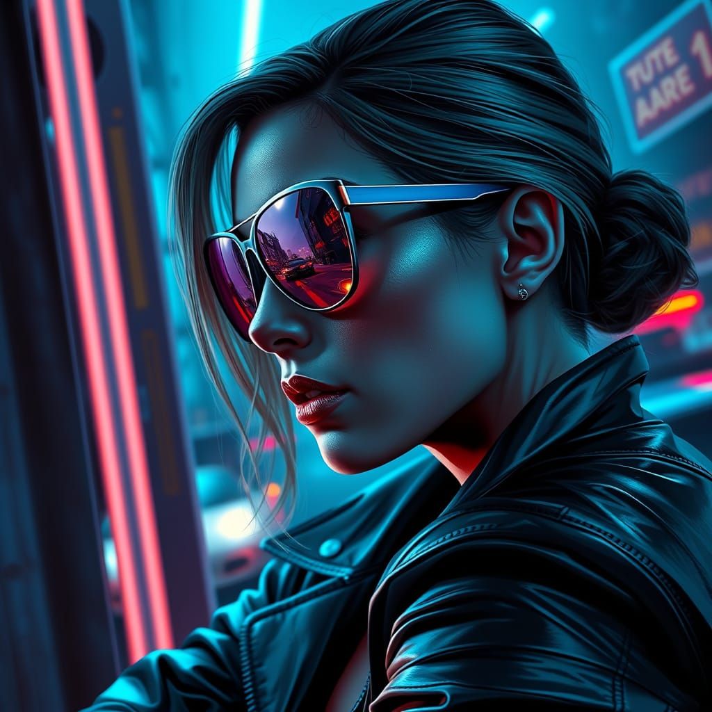 Cyberpunk Woman in Night City Gunfight Reflection