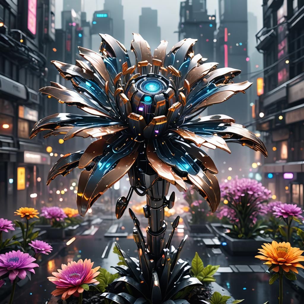 Metallic Robotic Flower Blooms in Neon Cityscape