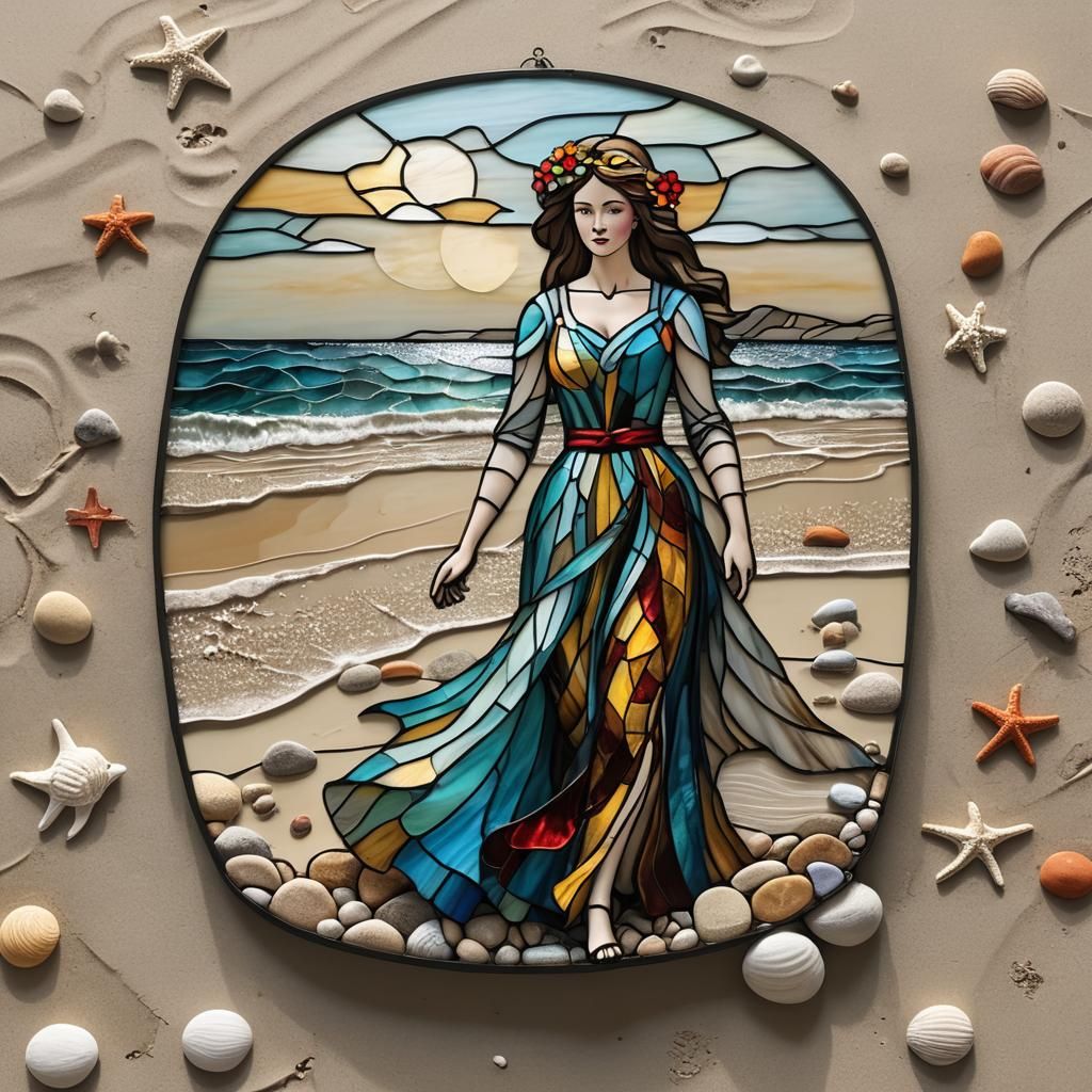 Stained Glass Woman on a Beach in 3D