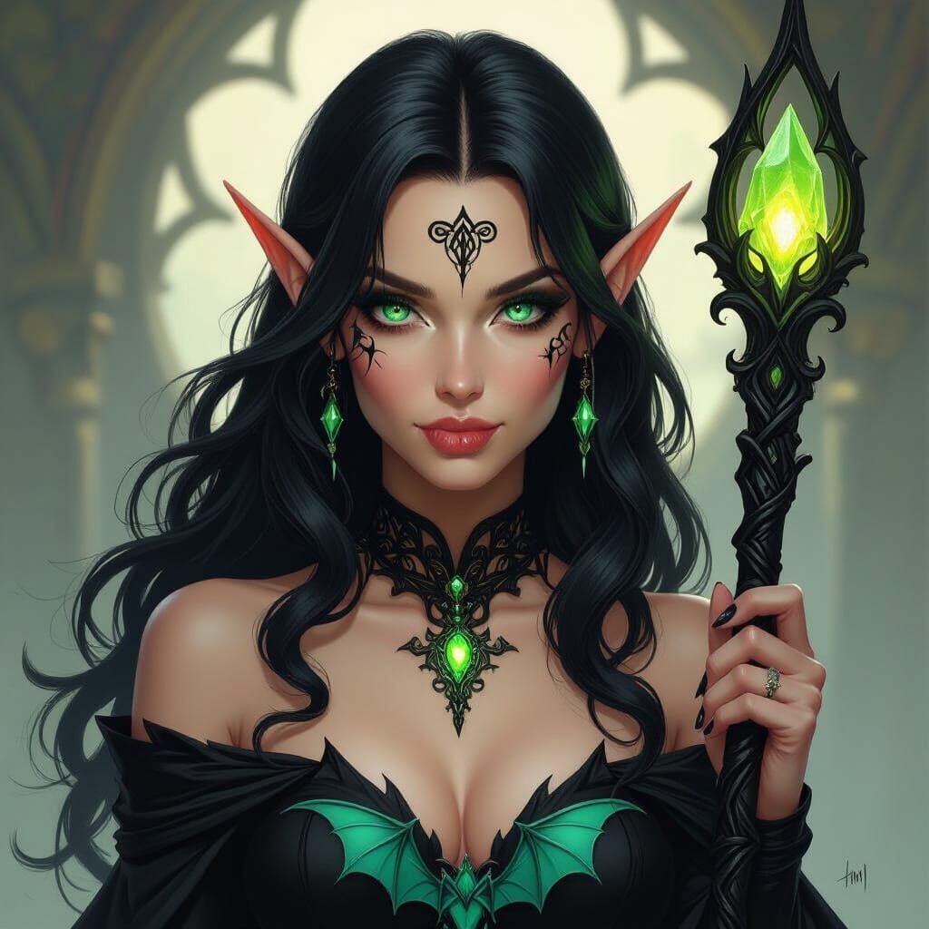 Gothic Elf Sorceress with Glowing Staff