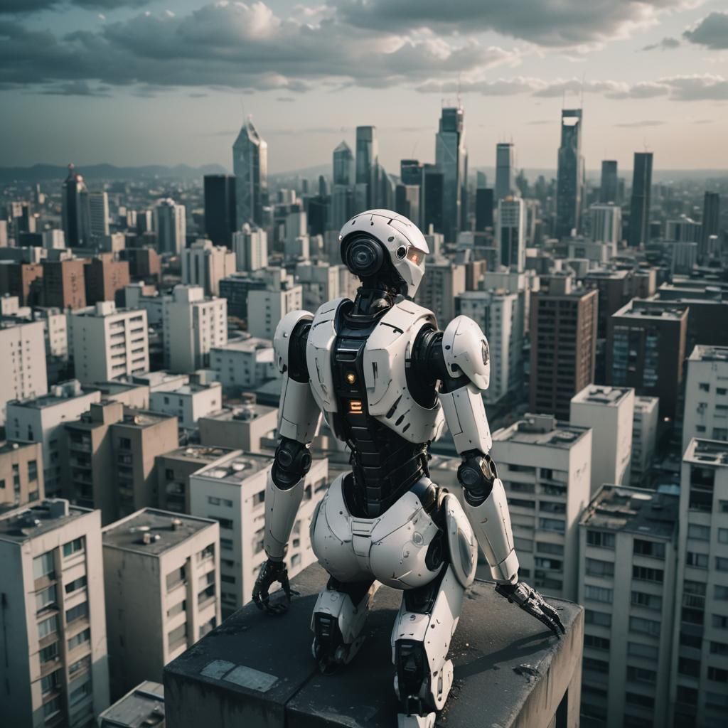 Futuristic Robot Over Neo-Lit Dystopian Cityscape