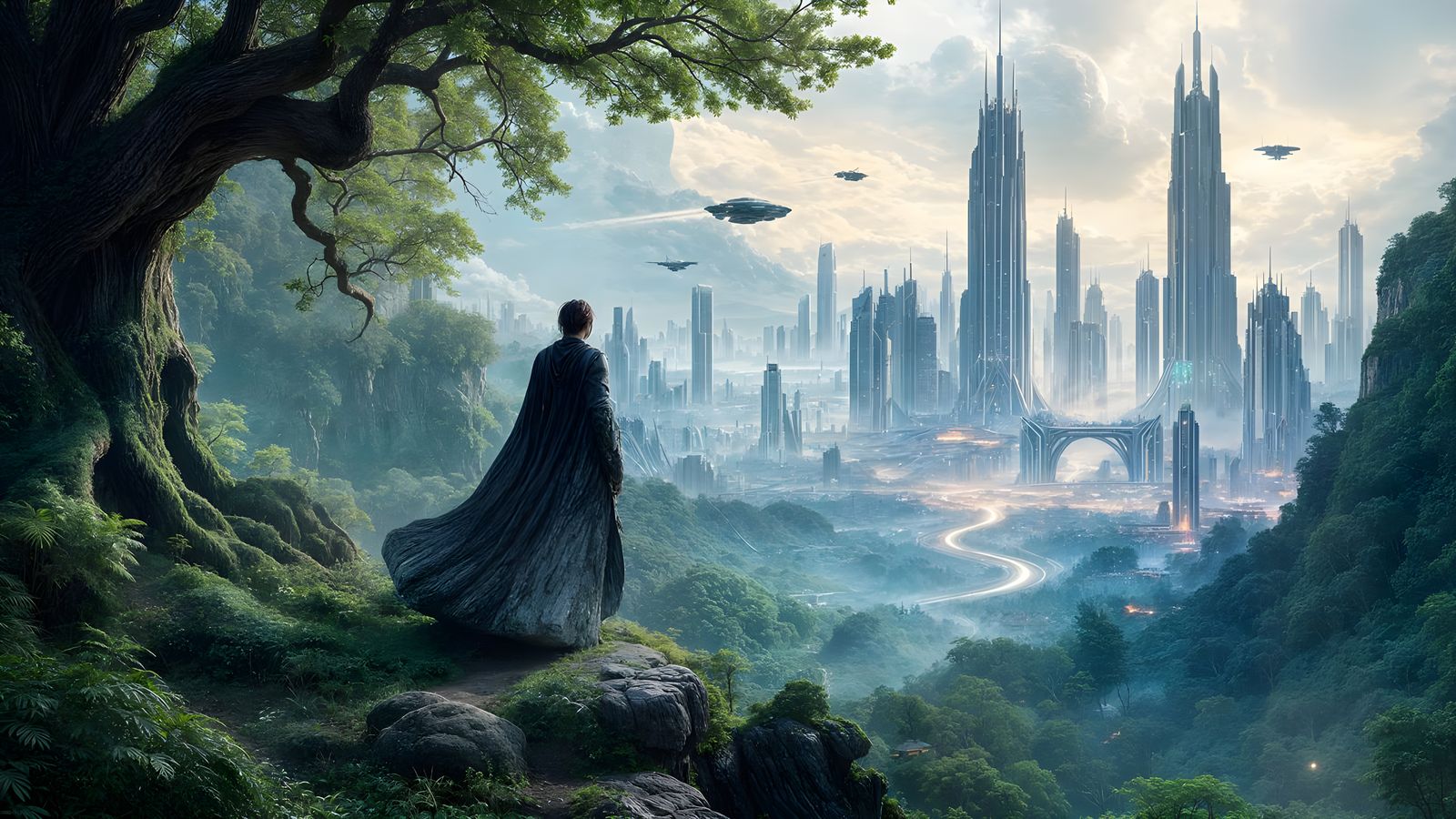 Eco-Dystopian Landscape: Futuristic City vs. Nature