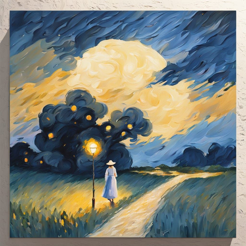 Impressionist Masterpiece: Woman Under Golden Moonlight