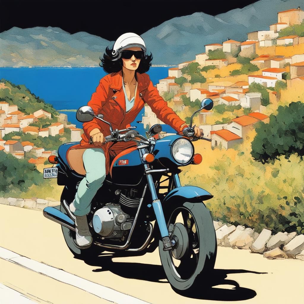 Woman on Motorbike in Manga Style