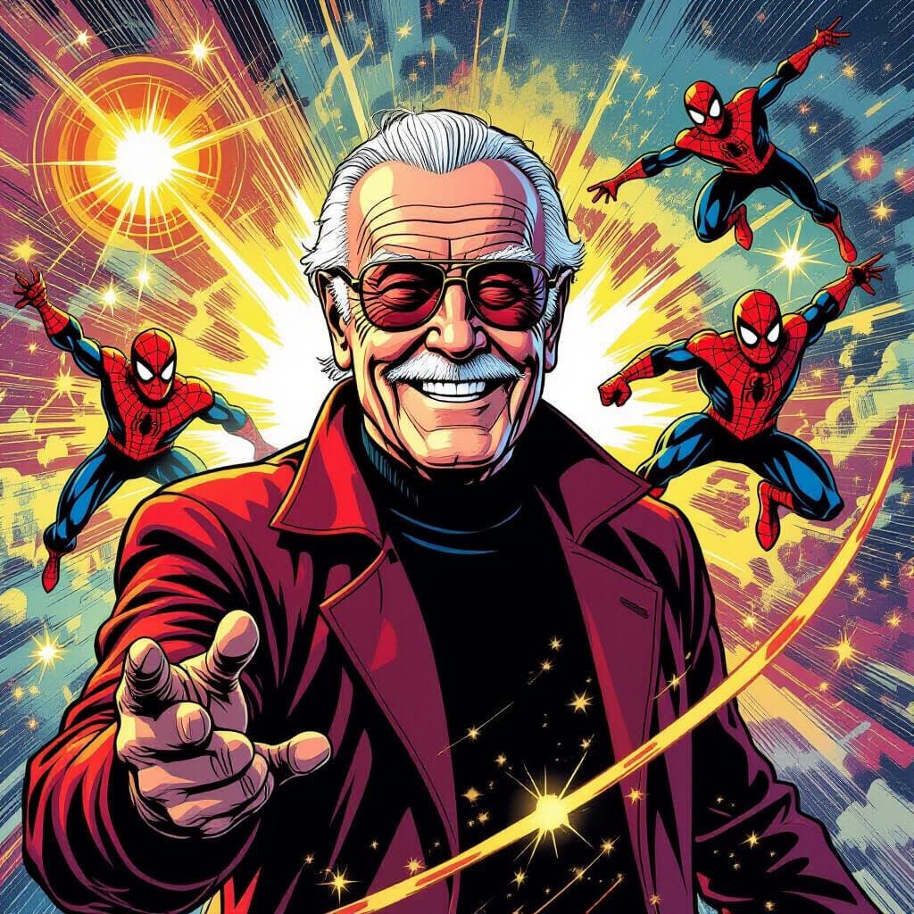 Stan Lee in Heroic Comic Style with Marvel Characters