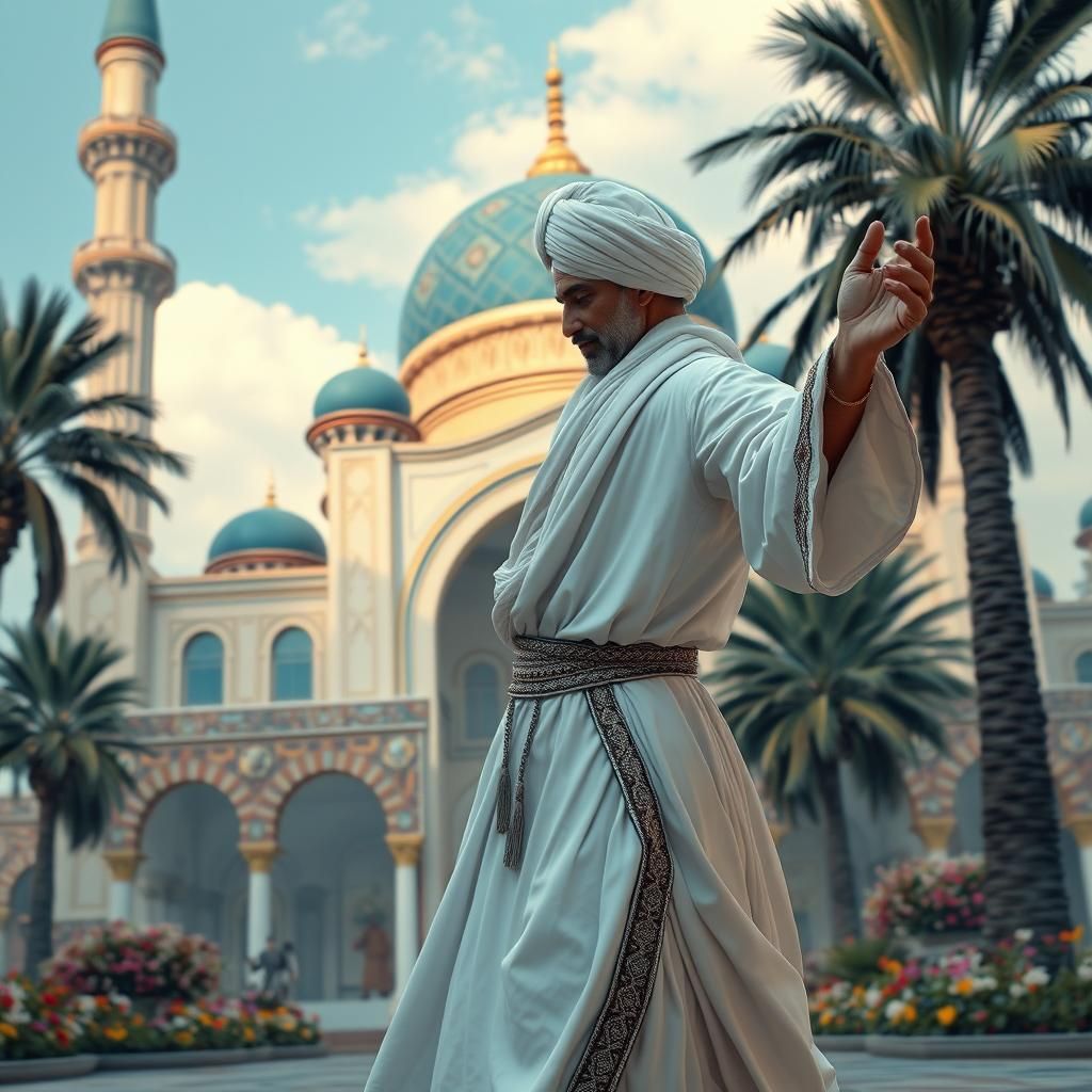 Dervish Dancer Before Mosque in Digital Art Style