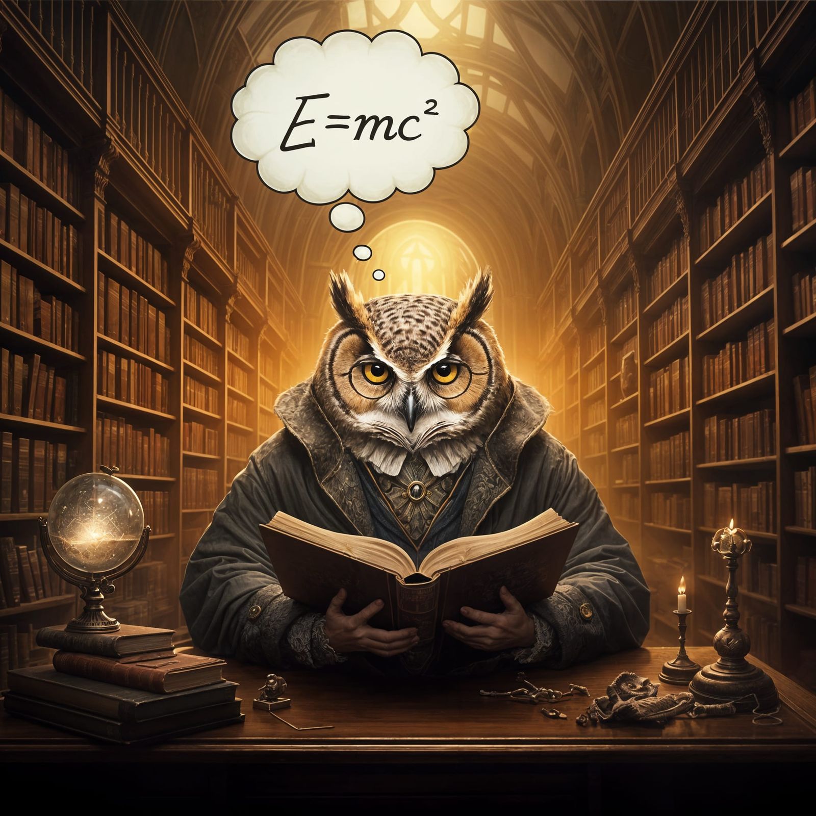 Wizard Owl Reads in Library, Surreal Art