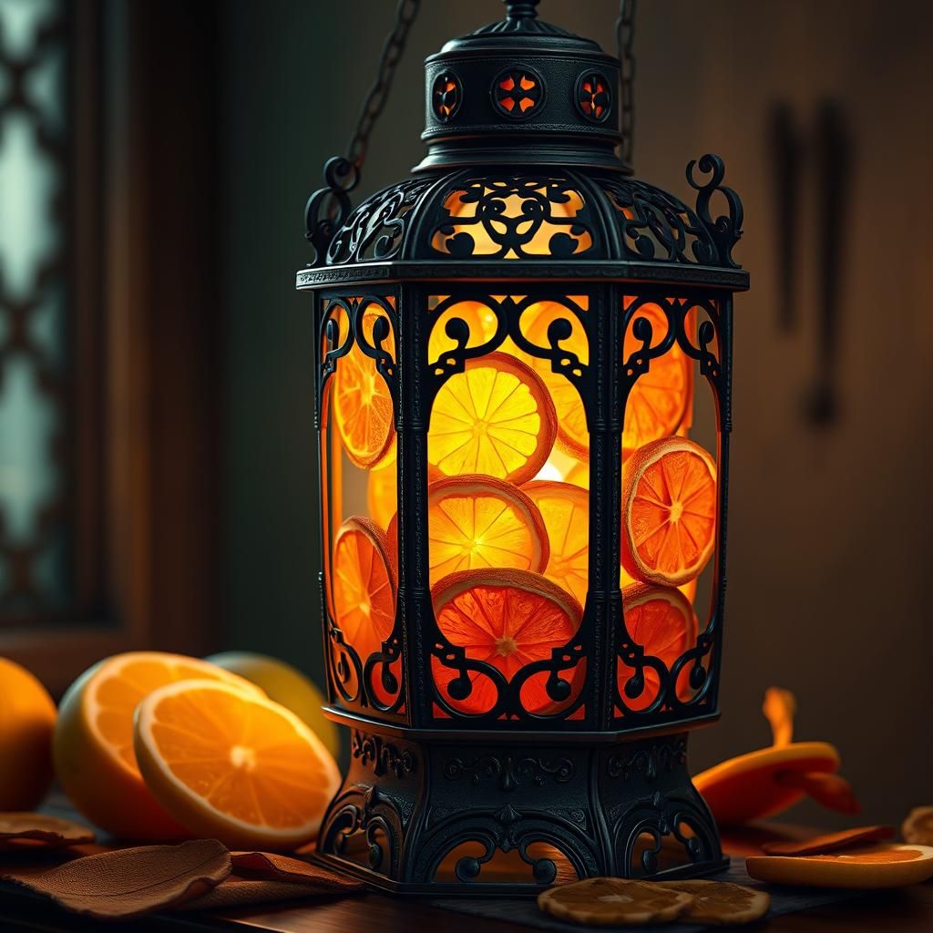 Lantern with Citrus Slices in Detailed Matte Painting
