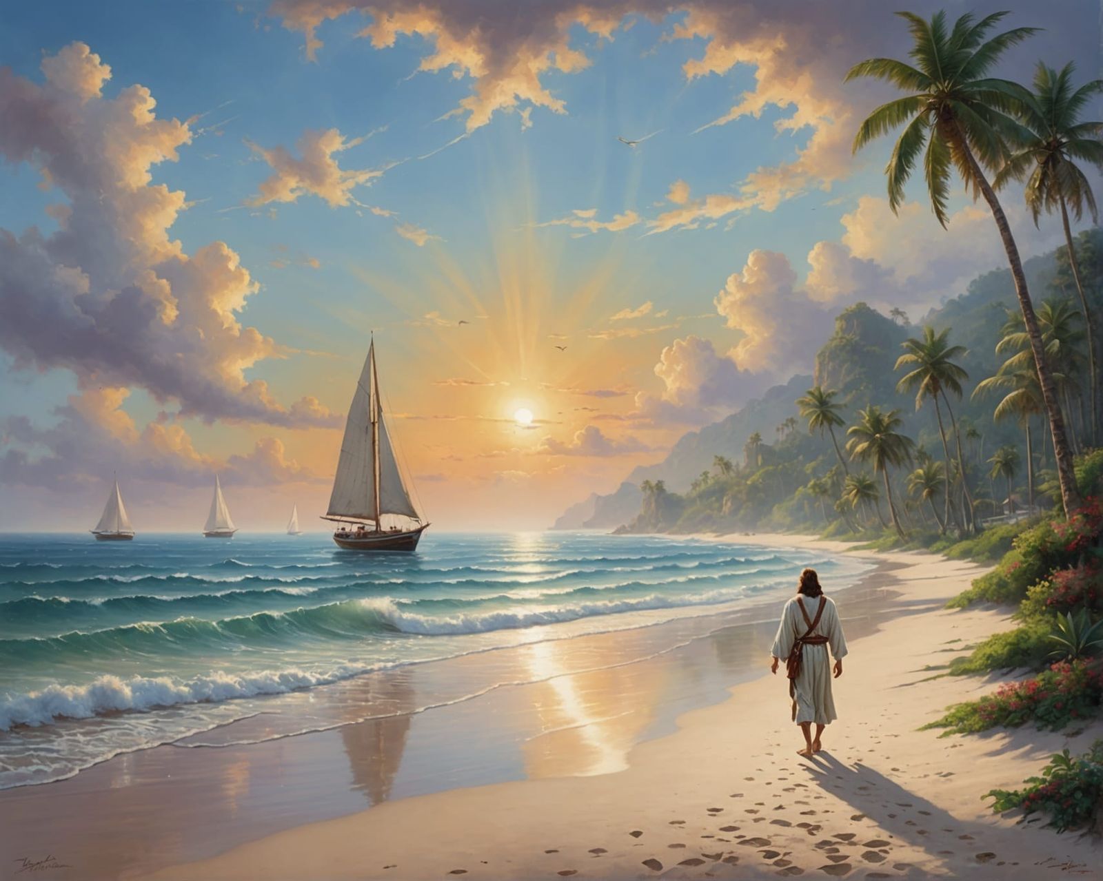 Jesus Walks on Tropical Beach in Oil Painting