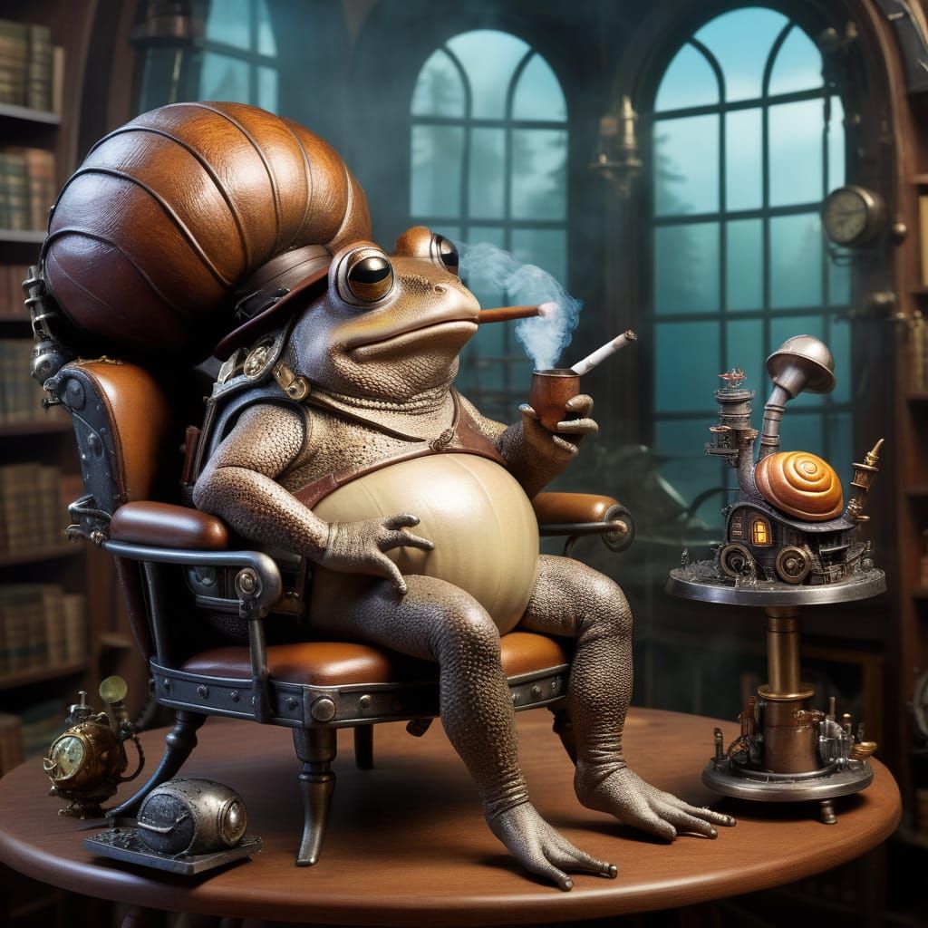 Toad Smoker on Steampunk Snail in Enchanted Forest