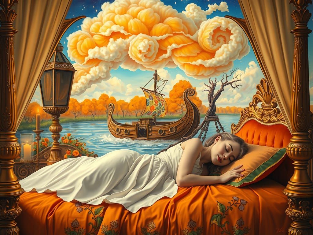 Surrealist Dreamscape with Luxurious Bed and Whimsical Cloud...