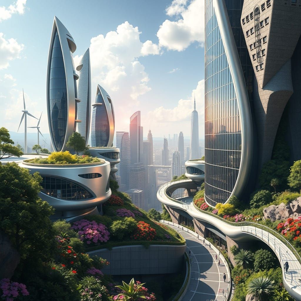 Sustainable Futuristic Cityscape in Organic Harmony with Nat...