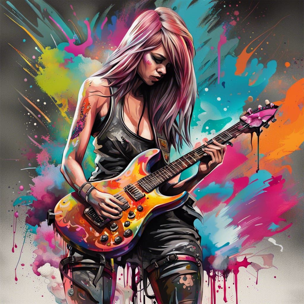 Female Guitarist in Graffiti Street Art Style