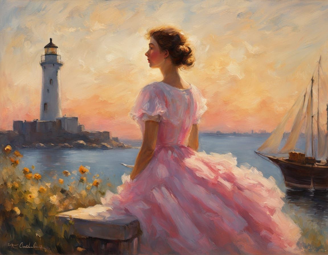 Le Havre Sunrise: Woman by Lighthouse in Impressionist Style