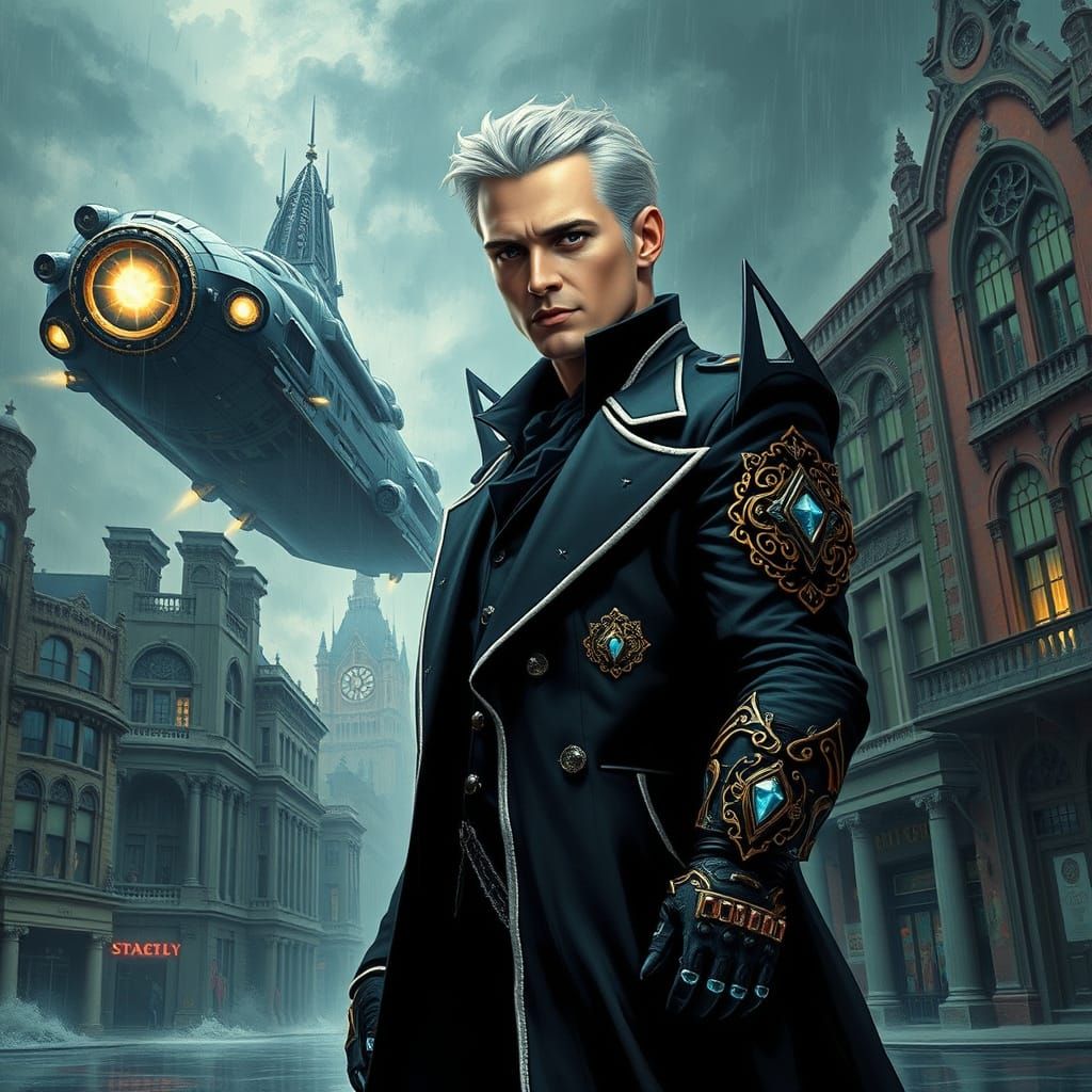Cyberpunk Bureaucrat in Gothic Punk Cityscape