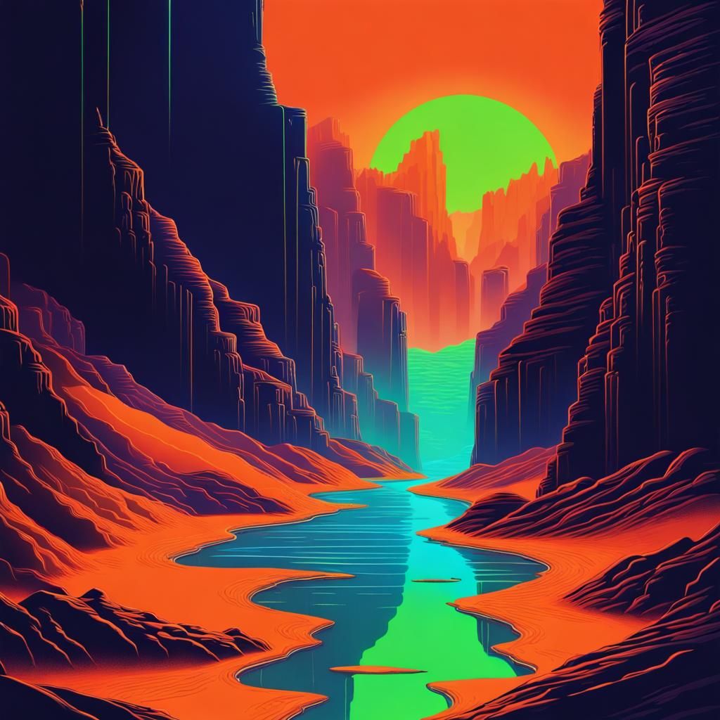 Neon Cyberpunk River in Desert Canyon