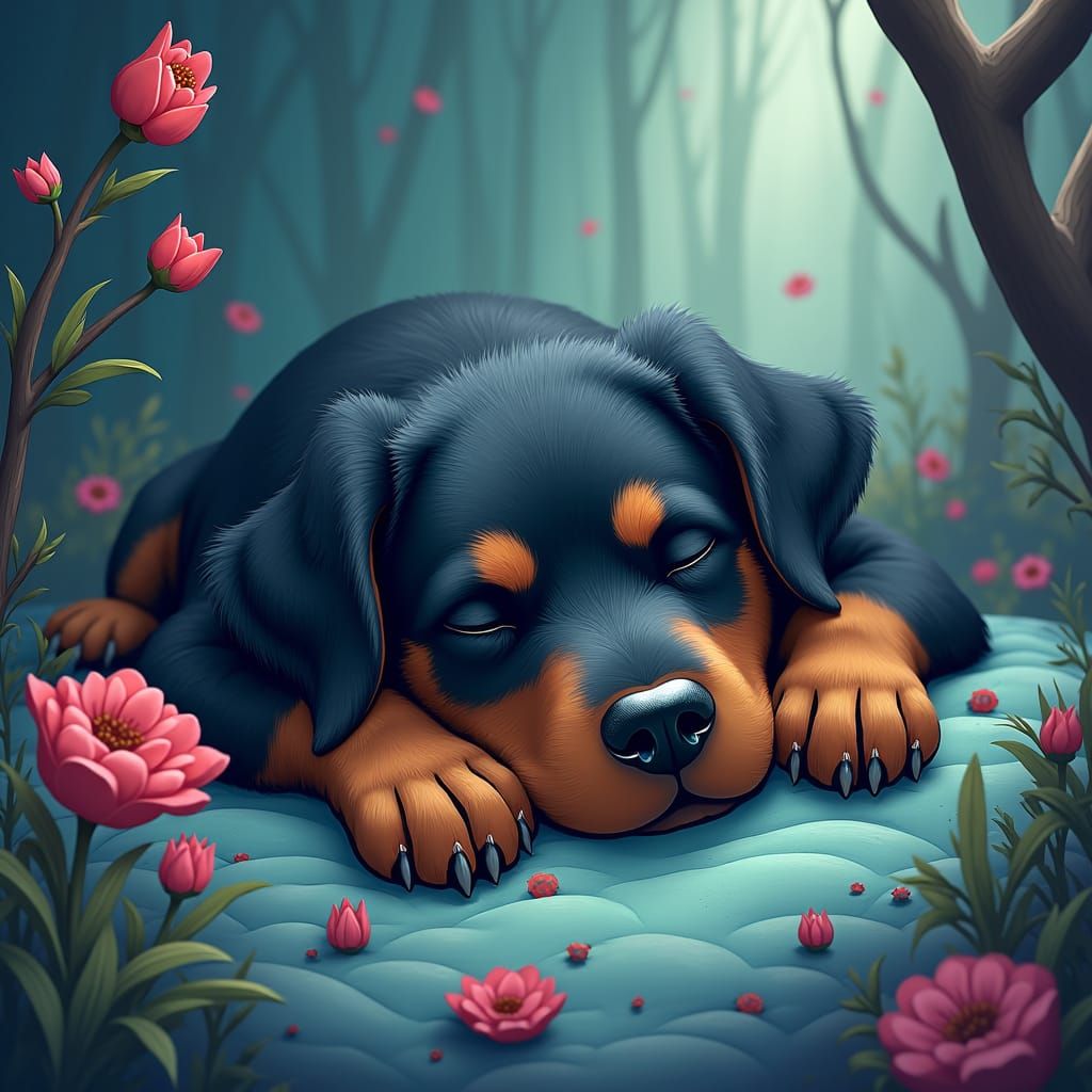 Dreamlike Rottweiler Sleeping in Fantasy Forest