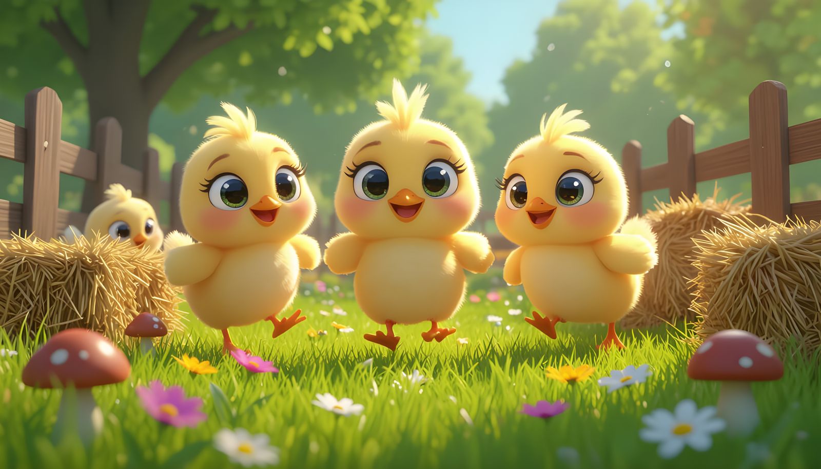 Cheerful Cartoon Chicks Playing in Sunny Farmyard