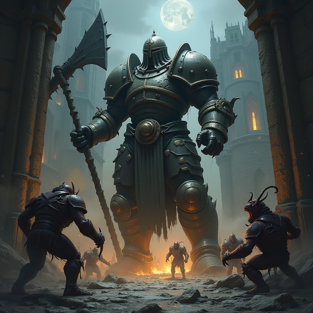 Armored Giant Battles Monsters in Gothic Castle