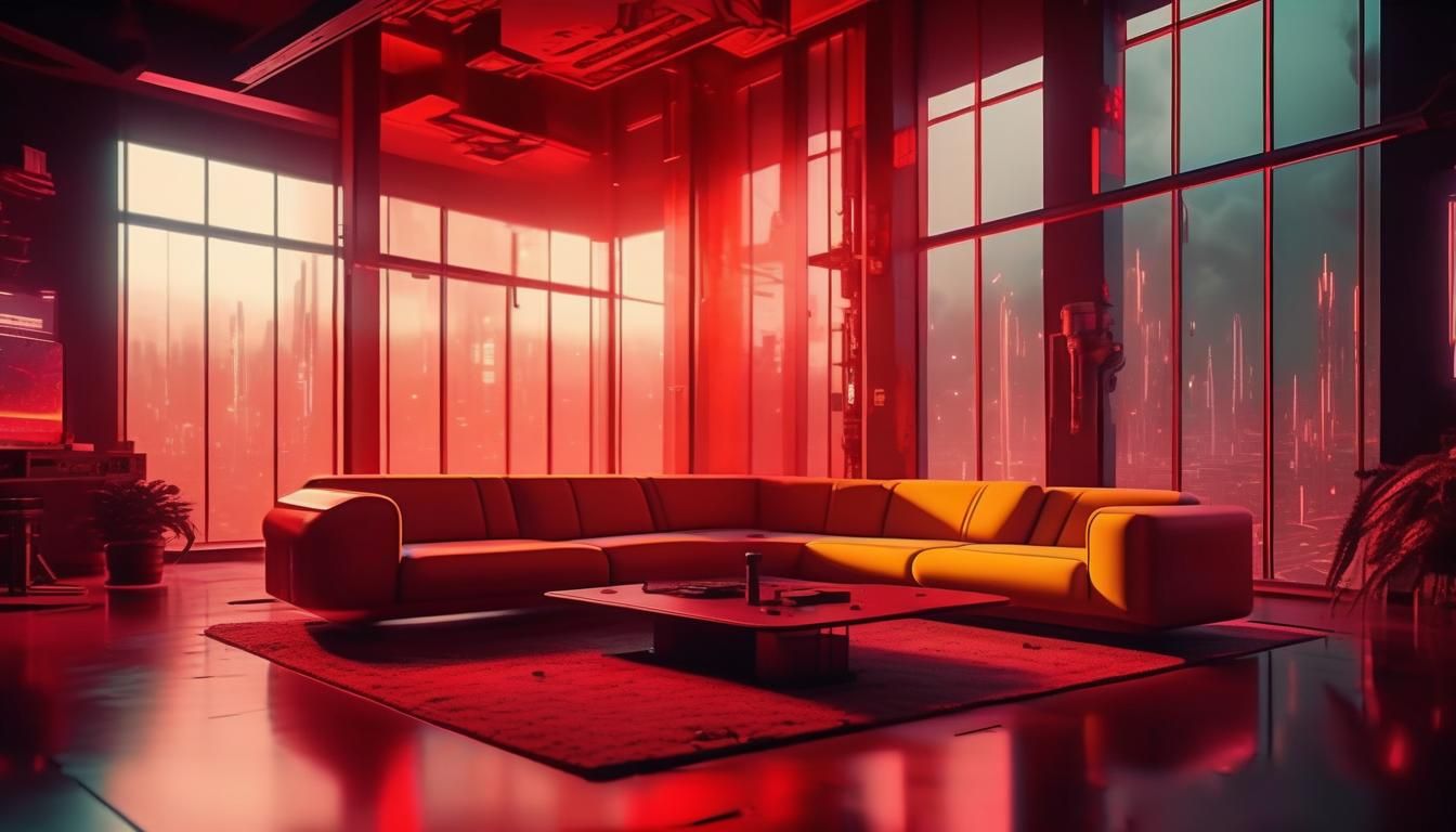 Cozy Cyberpunk Home Interior with Warm Lighting