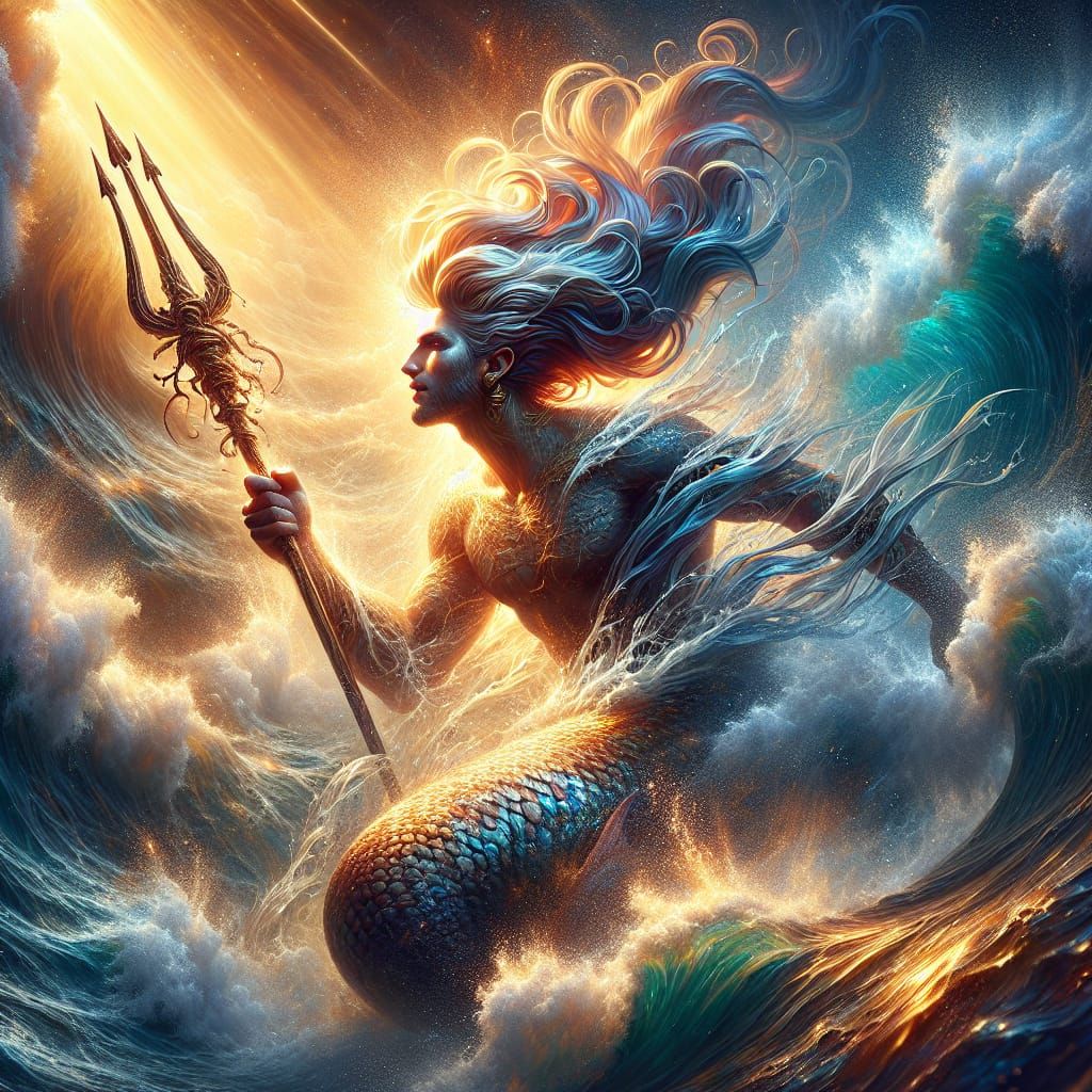 Powerful Mermaid Goddess with Trident in Hyperrealistic Styl...