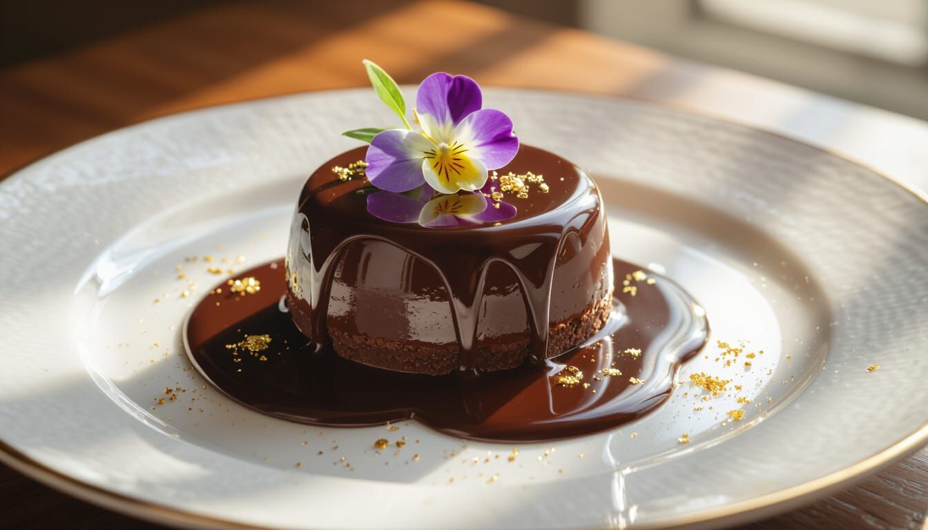 Gourmet Chocolate Dessert with Edible Flowers and Gold Flake...