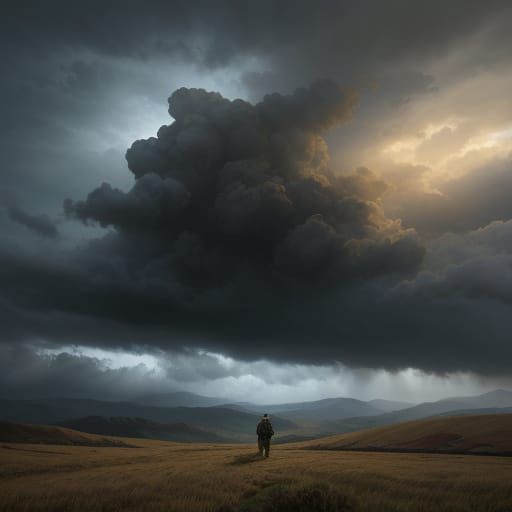 Farmer Gazing at Stormy Sky on Windswept Hills