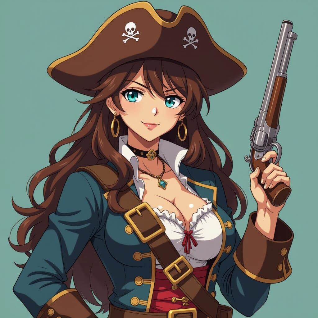 Pirate Woman with Flintlock Pistol in Anime Style
