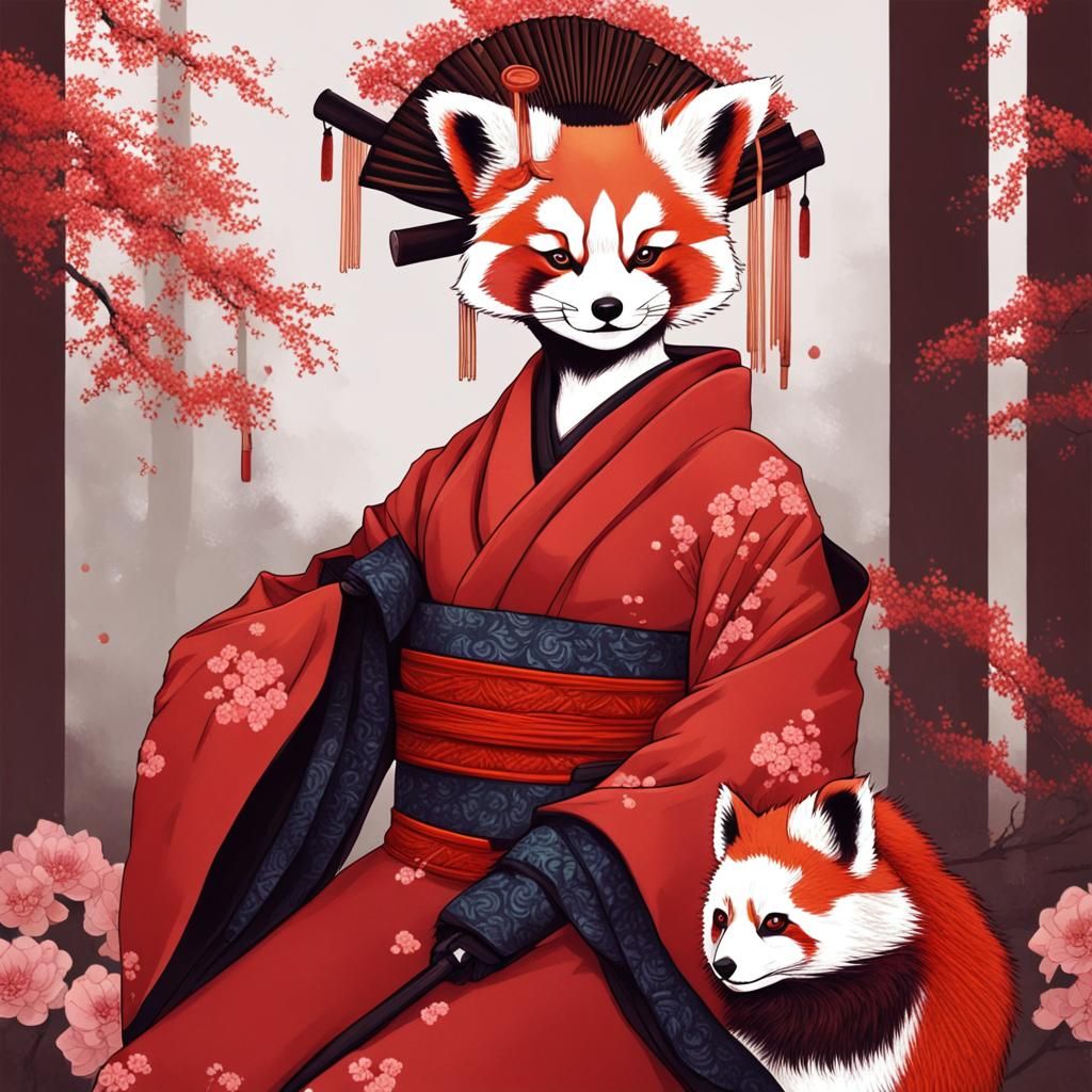 Mystical Red Panda Geisha in Traditional Japanese Attire