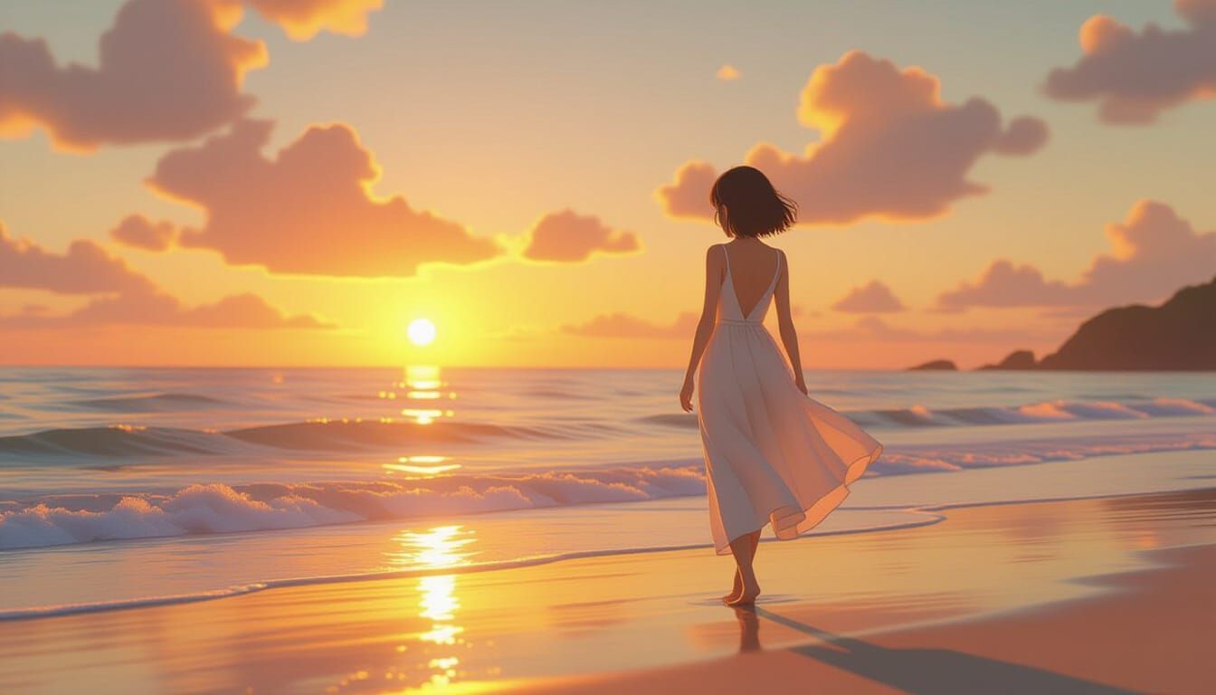 Anime Beach Sunset Scene in Vibrant 3D CGI Style