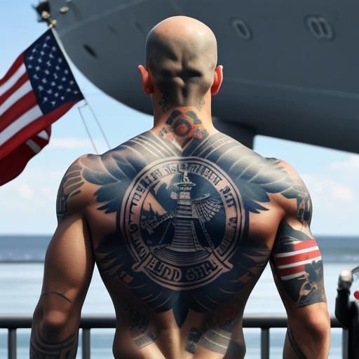 tattoo on the back of a man. tattoo of navy ship and a soldier saluting. tattoo of the American flag on each side of the...