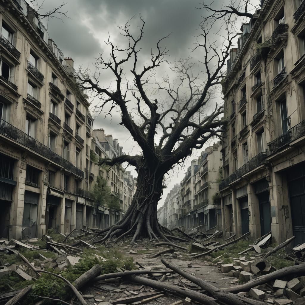 Dystopian Paris Landscape in Gritty Film Noir Style