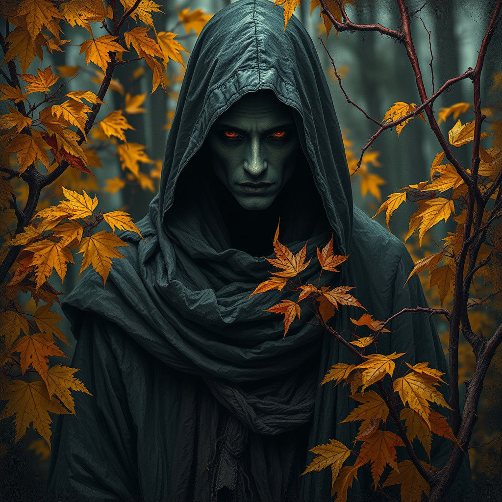 Dark Figure in Autumnal Woods: Expressive Horror Art